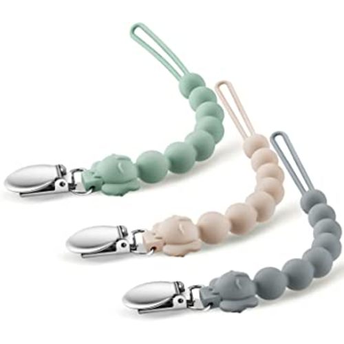 COZYPANDA Pacifier Clip, Silicone Baby Pacifier Holder One Piece Teething Beads Design Keeps Pacifiers Teethers & Small Toys in Place, BPA Free Soothers Pacifier Clips for Baby Boy/Girl (Pack of 3)