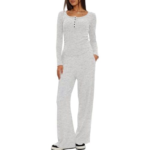 Darong Women's Fall Trendy 2 Piece Outfits Lounge Sets Long Sleeve Top Henley Shirts Wide Leg Pants Travel Clothes