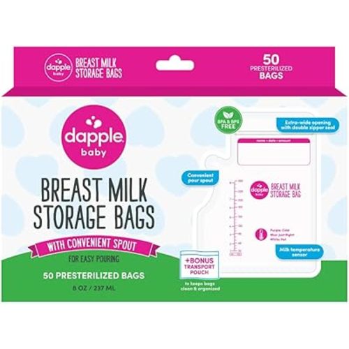Dapple Breast Milk Storage Bags with East Pour Spout, Leakproof Double Zipper, BPA-Free, Pre-Sterilized, Temperature Sensor, Freezer-Safe, Pump Directly Into Bag, 8oz, 50ct