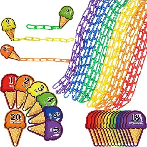 Chain Link Math Manipulatives - 240 C Clips Plastic Chain Links & 20 Ice Cream Cards for Counting & Linked Math Game - Learning Resources for Kindergarten Sensory Bin Math Links Counting Toy
