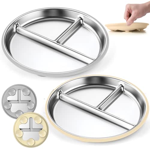 OVV Stainless Steel Kids Plates (2 Pack) – 9 Inch Toddler Divided Plates with ﻿Removable Silicone Sleeves & 5 Suction Cups Baby Self Feeding | Mess-Free Mealtime | Dishwasher Safe