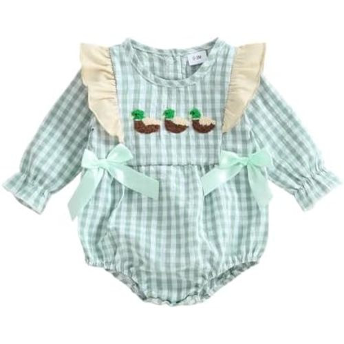SAYOO Baby Girls Duck Romper Mallard Duck Embroidery Smocked Bubble Romper Bodysuit Newborn Infant Toddler Hunting Outfit