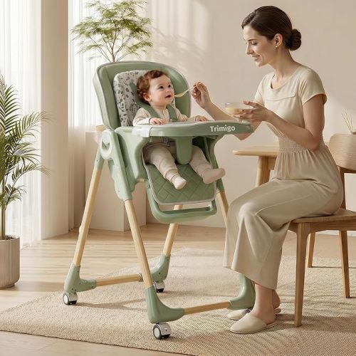 Baby High Chairs for Babies and Toddlers 0–3(Sage Green) | 7-Height Adj High Chair, 3-Pos Tray, 4-Recline, Removable Dual-Layer Tray, Leather Seat, Adj Footrest, Wheels
