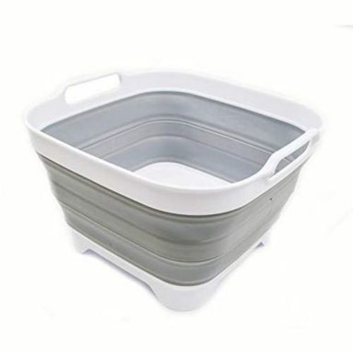 SAMMART 10L (2.64 Gallon) Collapsible Dishpan with Draining Plug, White/Grey