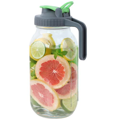 Mason Jar Pitcher With Spout and Lid 2 Quart Wide Mouth Jar Pitcher With Flip Cap & handle Half Gallon Glass Pitcher For Cold Coffee Iced Tea Breast Milk Fridge Airtight and Leak Proof