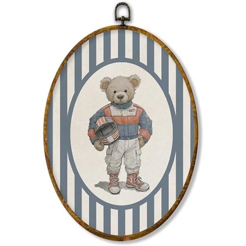 XPH Vintage Racer Bear Oval Wall Art Framed, Race Car Oval Wall Decor Accents, Blue Striped Bear Racer Car Animal Hanging Canvas Prints for Home Kids Boy Nursery Room Bedroom Playroom Decoration, 8.6x11.4 Inch