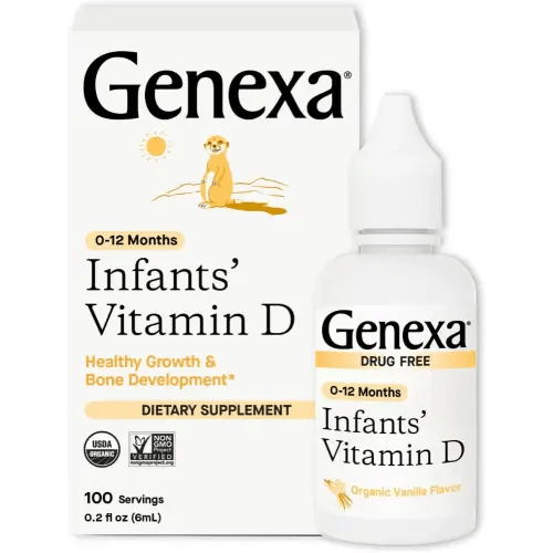 Genexa Infants Vitamin D Liquid Drops for Newborn, Baby & Toddler | Supports Growth & Bone Development | Delicious Organic Vanilla Flavor | Certified Organic, Gluten Free, & Non-GMO | 90 Servings