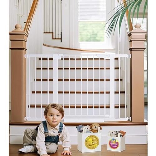 Cumbor 29.7-48" Baby Gate for Stairs, Mom's Choice Awards Winner-Dog Gates for Doorways, Auto Close Safety Pet Gate for Dogs Indoor, Easy Install Pressure Mounted Child Gate with Walk Thru Door, White