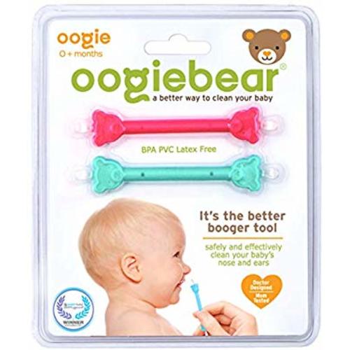 oogiebear - The Safe Baby Nasal Booger and Ear Cleaner - Baby Shower Gift and Registry Essential Snot Removal Tool - Two Pack - Raspberry and Seafoam - 2 Count