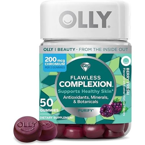 OLLY Flawless Complexion Gummy, Clear and Healthy Skin Support, Vitamins E, A, Zinc, Chewable Supplement, Berry - 50 Count (Pack of 1)