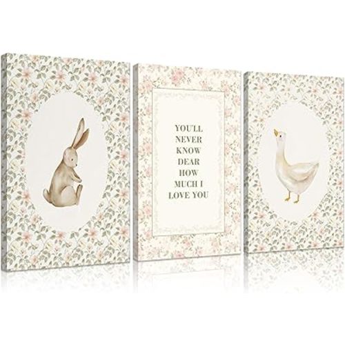 3Pcs Vintage Nursery Canvas Wall Art Silly Goose And Bunny Wall Decor Baby Kids Poster Prints Cute Animal Rabbit Goose Pictures Sweet Floral Painting for Girls Boys Room Bedroom Playroom 12x16in