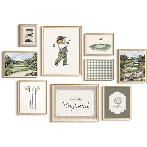 Vintage Sports Nursery Wall Art Decor Golf Teddy Bear Canvas Pictures Toddler Boy Room Wall Decor Sports Animal Poster Baby Boy Nursery Prints Vintage Golf Artwork for Bedroom 8x10x9 Inch Unframed