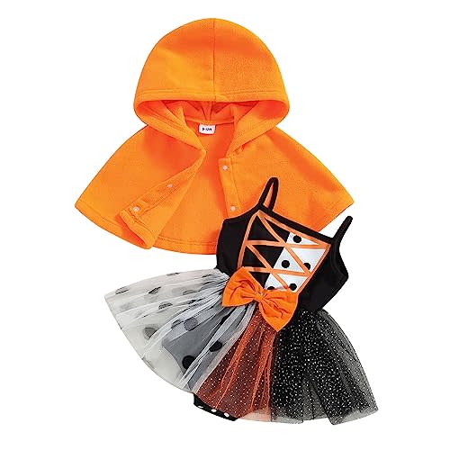 Yccutest Newborn Baby Girl Halloween Outfits 2Pcs Straps Tutu Romper Dress Halloween Cloak Coat Infant Pumpkin Witch Costume