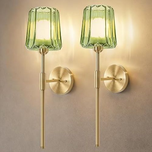 Crystal Battery Operated Wall Sconces Set of 2, Green Rechargeable Wireless Wall Sconce Lights with Crystal Lampshade, 12 RGB and 3CCT Dimmable Wall Lamps for Bedroom Living Room Hallway Decor, 2 Pack