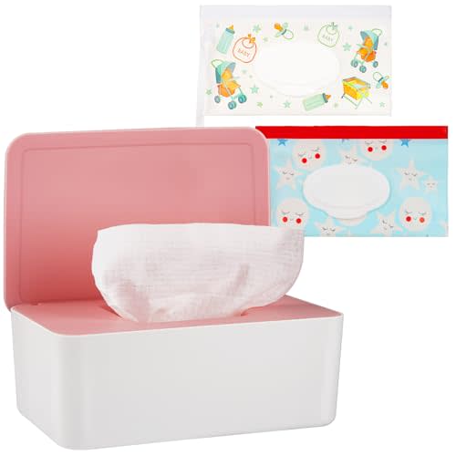 Diaper Wipes Dispenser with 2 Travel Wipes Pouches, Pink | Wipes Holder for Bathroom, Wipes Container with Lid Keeps Wipes Fresh