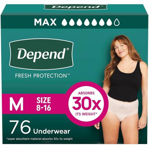 Depend Fresh Protection Adult Incontinence & Postpartum Bladder Leak Underwear for Women, Disposable, Maximum, Medium, Blush, 76 Count (2 Packs of 38), Packaging May Vary