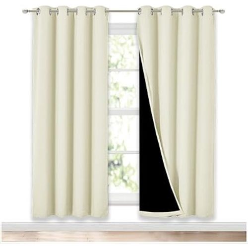 NICETOWN Living Room Completely Shaded Draperies, Privacy Protection & Noise Reducing Ring Top Drapes, Black Lined Insulated Window Treatment Curtain Panels (Beige, 2 Pieces, W52 x L72)