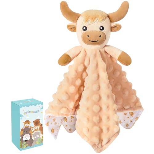 Loveys for Babies, Beige Highland Cow Baby Security Blanket | Kawaii Baby Blanket Lovey for Newborn Infant Toddler, Lovey Baby Snuggle Toys Stuffed Animal, 12in Baby Gifts for Boys Girls