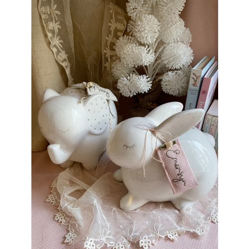 Elephant Piggy Bank or Hare Bunny Rabbit Bank with Personalized Hand Stitched Embroidery Name Tag Baby Shower Birthday Baptism Gift Nursery