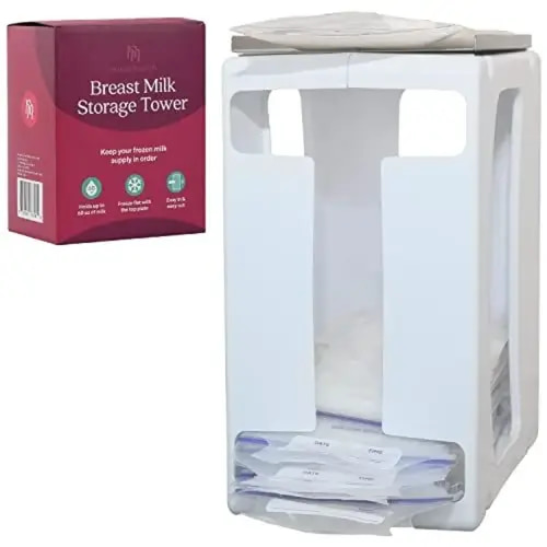 Nurse & Nourish Breast Milk Storage Tower & Freezer Organizer Bin - White Plastic, Holds 60 Oz - Metal Freezing Tray for Flat-Freeze Bags - Space-Saving Design