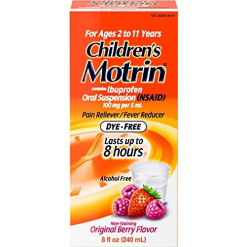 Motrin Children's Oral Suspension 100mg Ibuprofen Medicine, NSAID Fever Reducer & Pain Reliever for Minor Aches & Pains Due to Cold & Flu, Dye Free, Alcohol-Free, Berry Flavored, 8 fl. oz