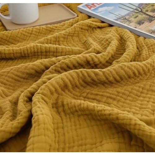 KyraHome 100% Cotton Muslin Throw Blankets for Couch, 50"x60" Pre-Washed Plant Dyed, Breathable, Lightweight Summer Throw Blankets for Adults, Picnic, All Season, Mustard Yellow
