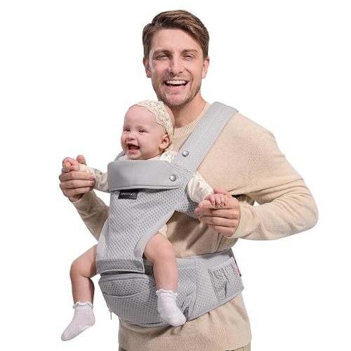 Momcozy Baby Carrier with Hip Seat, 2-in-1 Forward-Facing Carry for Active Babies, Detachable Hands-Free Carrier up to 44lbs, Breathable Infant Carrier Fits Waist Sizes up to 45 Inches, AirMesh Grey