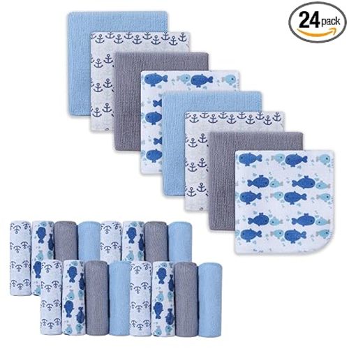 softan Baby Washcloths, 24Pack Baby Wash Cloths Extra Soft & Ultra Absorbent, Baby Towels and Washcloths Face Towel Unisex for Boys Girls Body, Washclothes Gentle on Sensitive Skin, 9x9 Whale & Anchor
