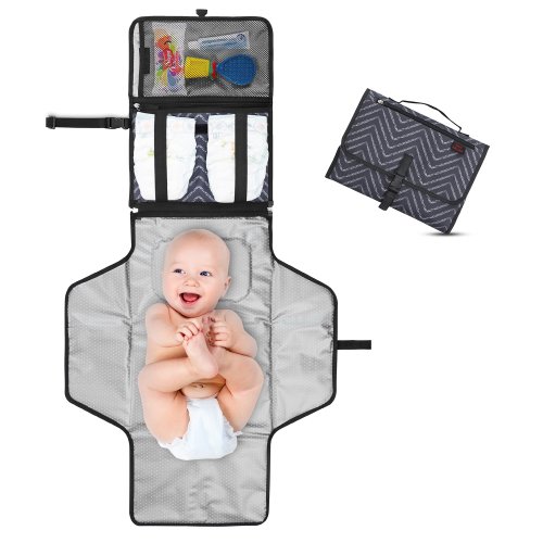 Crystal Baby Smile Portable Changing Pad - Diaper Clutch - Lightweight Travel Station Kit for Baby Diapering - Entirely Padded, Detachable and Wipeable Mat - Mesh and Zippered Pockets - Dark Gray