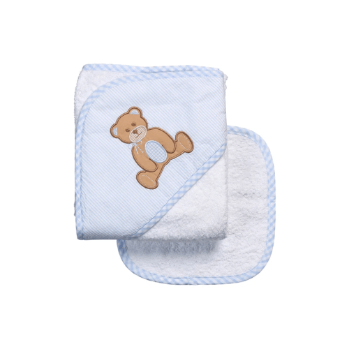 Teddy Bear Applique Hooded Towel & Washcloth Set - Blue