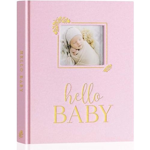 Lanpn Hello Baby Memory Book, Newborn First 5 Year Keepsake with DIY Window, Linen Baby Book Memories Journal Scrapbook Photo Book, Baby Milestone Album for Boy Girl New Parents (Pink, 154 Pages)