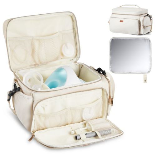 VEVOR Breast Pump Bag, Breast Feeding Bag with Waterproof Mat, Fits for S1/S2, Pumping Accessories & Breastmilk Storage, Pump Carrying Case, Beige