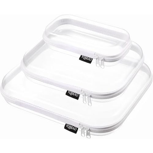 YQBRAO 3-Pack Clear Hard Shell Zipper Case, 1.2mm Heavy-Duty Crush-Proof Makeup Bag, Multi-Size Set (L+M+S) for Diaper Bag Organizer, Toys, Art Supplies & TSA Approved Clear Zipper Pouches