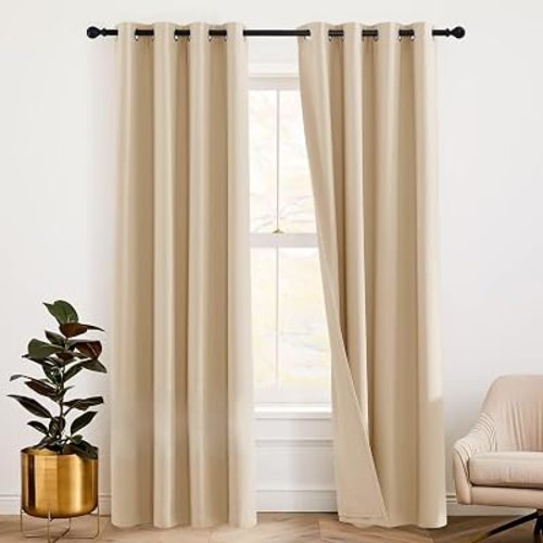 RYB HOME 3 in 1 Soundproof - Blackout - Insulation Linen Curtains, Noise Reduce Energy Saving Curtains for Bedroom Living Room Dorm Divider Studio Home Office, Grey, W52 x L90 in, 2 Panels