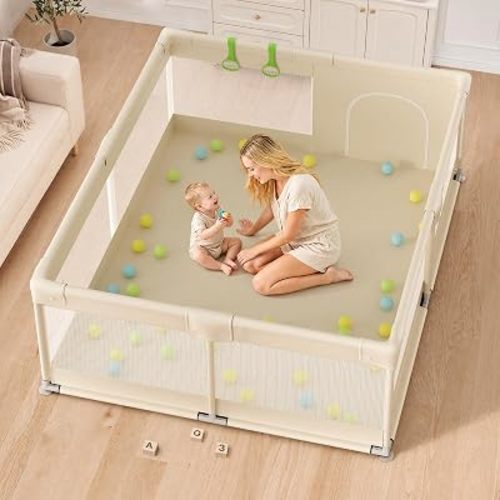 Uanlauo Beige Large Baby Playpen - 69x59in Playpen for Babies and Toddlers, Safe Indoor Play Pen, Baby Pen with Storage Bag and Breathable Mesh