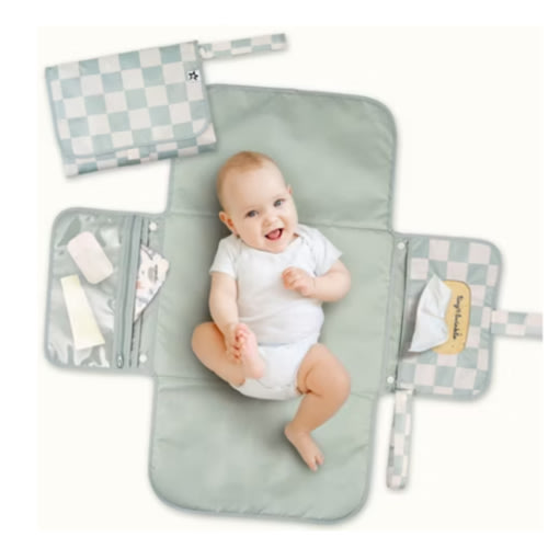 Tiny Twinkle Portable Diaper Changing Pad | Waterproof, Wipeable & Compact Baby Changing Pad for Travel | Smart Wipes Pocket & Organized Storage| Newborn Shower Gift (Sage Checkers)