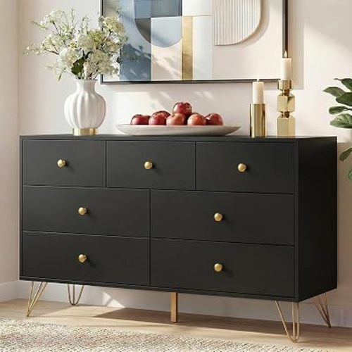 Tradare Black Dresser for Bedroom, Modern 7 Drawer Dresser with Gold Handles and Metal Legs, Black and Gold Dressers & Chest of Drawers for Hallway, Entryway