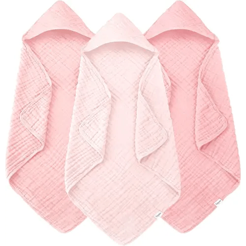 Muslin Hooded Baby Bath Towels - 3 Pack 100% Cotton Ultra-Soft Towels for Newborns, Infants, Toddlers - 32x32 Inch - Highly Absorbent, Quick-Dry Essentials for Bath Time, Beach, Pool, Pink Series