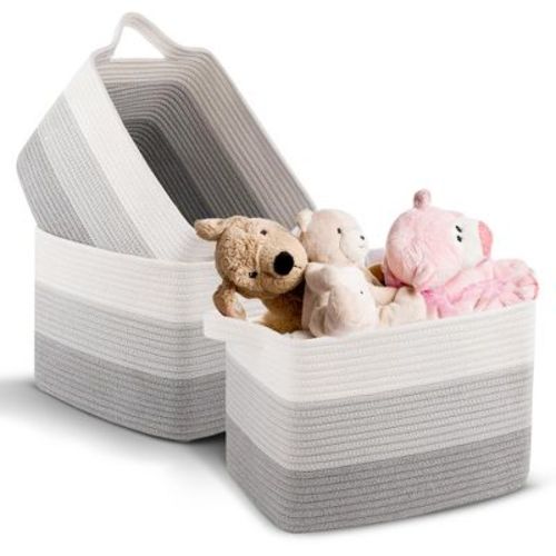 Cheer Collection Cotton Rope Storage Baskets – Set of 3 Durable Woven Bins for Laundry, Toys, Towels in Gray for Home Organizing