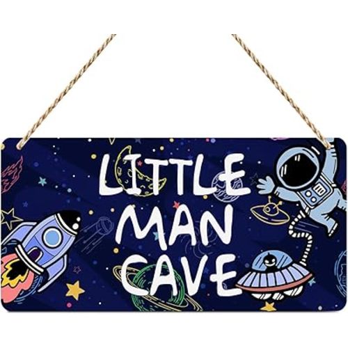 Outer Space Decor Little Man Cave Sign for Boys Room Decor, Space Astronaut Wood Sign Wall Art Decor, Wooden Hanging Plaque for Home Living Room Playroom Bedroom Nursery Room