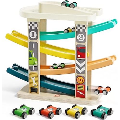 TOP Bright Toddler Wooden Race Track Car Ramp Toys for 1 2 Year Old Baby Motor Skills Race Tracks Car Ramp Vehicle Playsets with 4 Mini Cars and 1 Car Garage