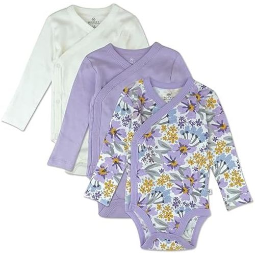 HonestBaby Baby 3-pack Long Sleeve Side-snap Kimono Bodysuits Organic Cotton for Infant Baby Boys, Girls, Unisex