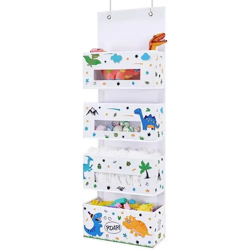 WERNNSAI Dinosaur Over Door Hanging Organizer - Behind Door Storage with 4 Clear Window Pockets for Baby Boys Room Organization Toy Diaper Closet Pantry Bedroom Bathroom Nursery Decor