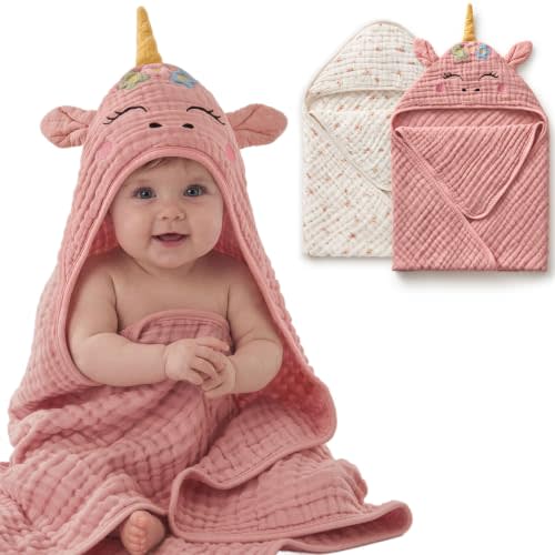 Blissful Diary Muslin Baby Hooded Towel 2 Pack, Soft & Absorbent Bath Towel for Infant, Toddler, Baby Girl Gift, Newborn Essentials, Unicorn & Pink Floral