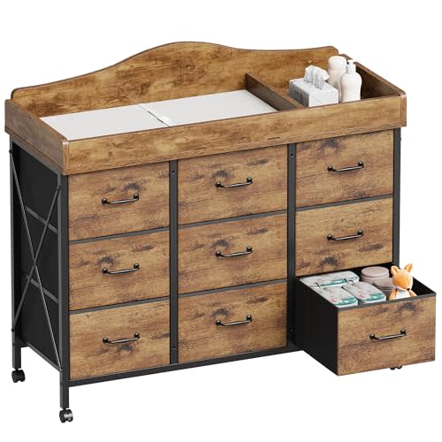YeTom Baby Changing Table with 9 Fabric Drawers, Waterproof Diaper Changing Station & Pad, Mobile Nursery Diaper Changing Table, Baby Furniture, Bedroom, Rustic Brown