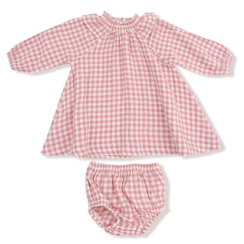 Long Sleeve Ruffle Smocked Neck Dress + Diaper Cover Rose Pink Plaid - Angel Dear | Maisonette
