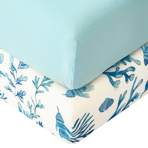 SDIII Ocean Pack N Play Sheets Fitted 2 Pack Stretchy Microfiber Jersey Knit Blue Mini Crib Sheets for Mattress 38x26 Soft Toddler Playard Bedding