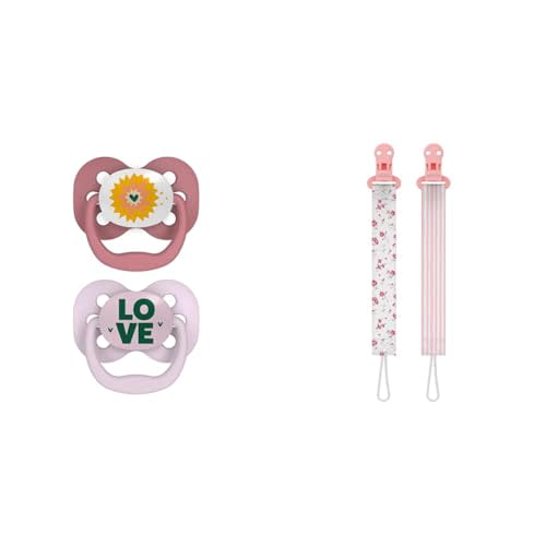 Dr. Brown's Advantage Baby Pacifier, Lavender Love, 2-Pack + Universal Fit Pacifier Clips, Flowers/Stripes, 0-18m, 2-Pack