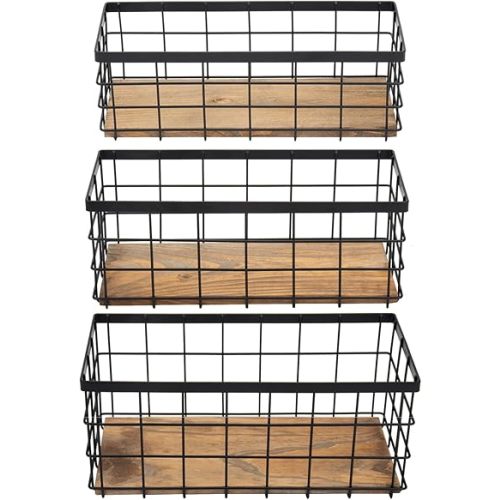 TIEYIPIN Farmhouse Decor Metal Wire Storage Baskets, Wood Base Containers Organizing Basket Caddy Bin for Kitchen Cabinets, Bathroom, Pantry, Garage, Laundry Room, Closets - Small - Black (Set of 3)
