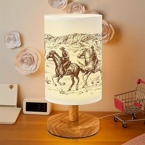 Western Cowboy Bedside Table Lamp for Bedroom with USB Port, Vintage Cozy Kids Nightstand Lamp with Wood Base Polyester Fabric Shade for Living Room Dorm Desk (Brown)